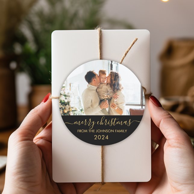 Black Gold Script Family Photo Merry Christmas Classic Round Sticker (Creator Uploaded)