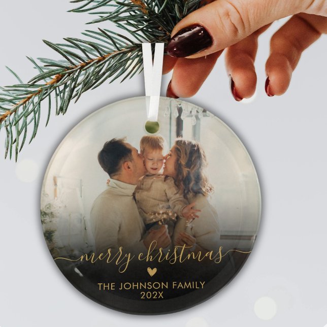 Black Gold Script Family Photo Merry Christmas Glass Tree Decoration (Creator Uploaded)