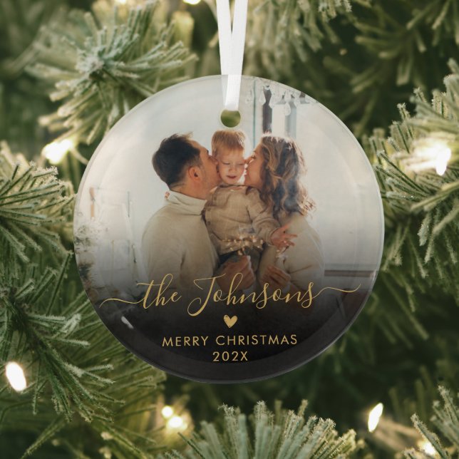 Black Gold Script Family Photo Merry Christmas Glass Tree Decoration (Insitu)