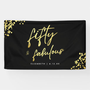 Black Gold Script Fifty and Fabulous Birthday Banner