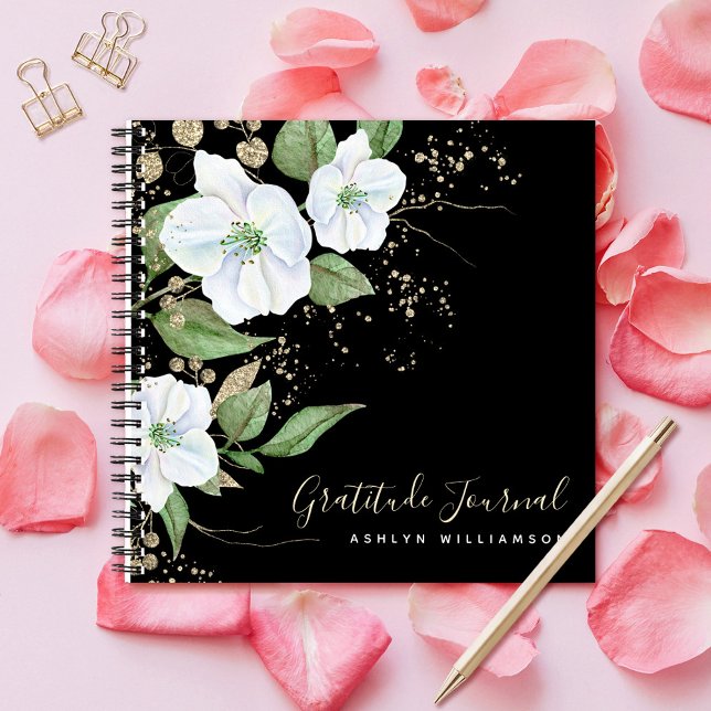 Black Gold Script Floral Watercolor Chic Gratitude Notebook (Creator Uploaded)