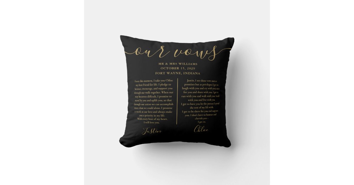 Black Gold Script His And Hers Photo Wedding Vows Cushion | Zazzle
