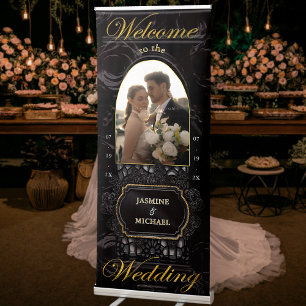 Black Gold Script Lace Arch Wedding Photo Welcome  Retractable Banner