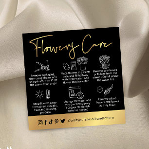 Black & Gold Script Logo Fresh Flowers Care Guide Square Business Card