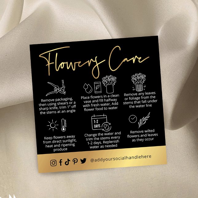 Black & Gold Script Logo Fresh Flowers Care Guide Square Business Card (Creator Uploaded)
