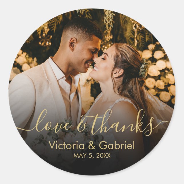 Black Gold Script Love and Thanks Photo Wedding Classic Round Sticker (Front)