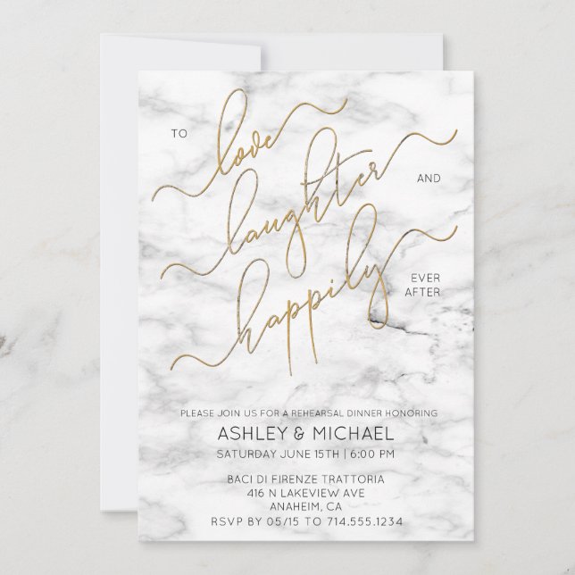 Black Gold Script Marble Rehearsal Dinner Invite (Front)