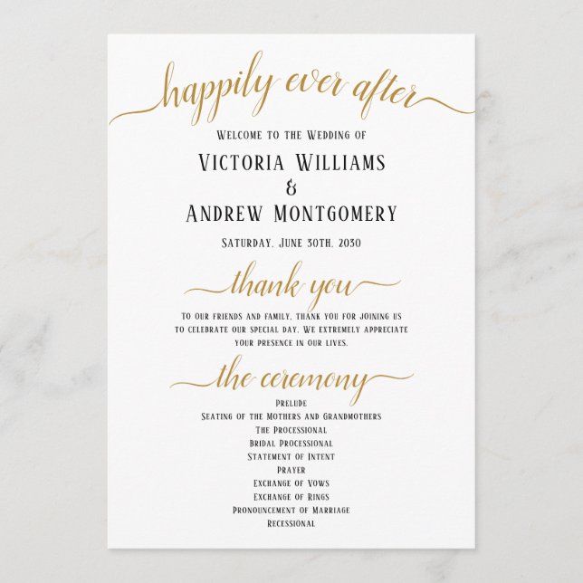 Black Gold Script Minimal Wedding Ceremony Programme (Front)