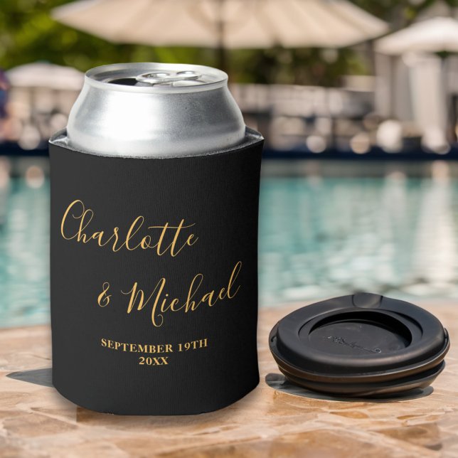 Black Gold Script Minimalist Wedding Can Cooler (Creator Uploaded)