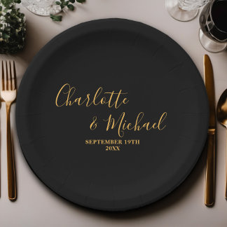 Black Gold Script Minimalist Wedding Paper Plate