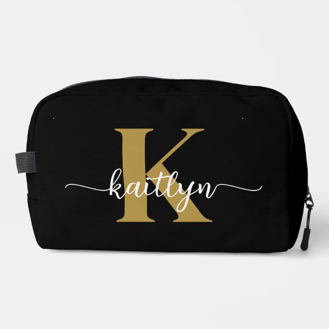 Black Gold Script Monogram Dopp Kit (Front)