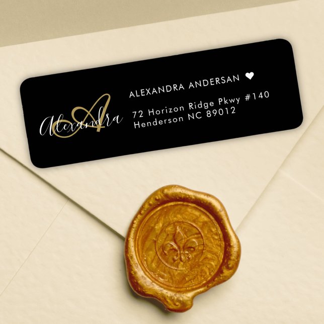Black Gold Script Monogram Family Address (Chic Black Gold Elegant Monogram Return Address Label)