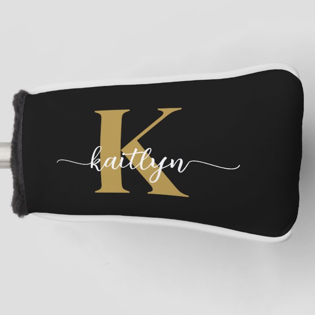 Black Gold Script Monogram Golf Head Cover (Front)