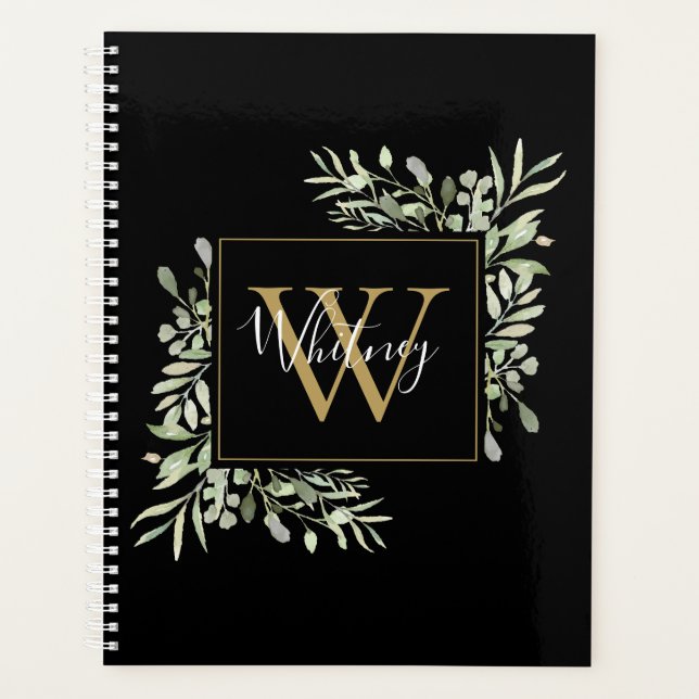 Black Gold Script Monogram Greenery Floral Planner (Front)