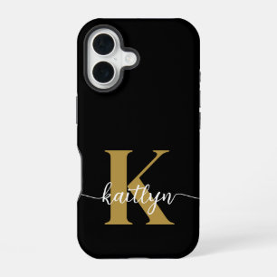 Black Gold Script Monogram iPhone 16 Case