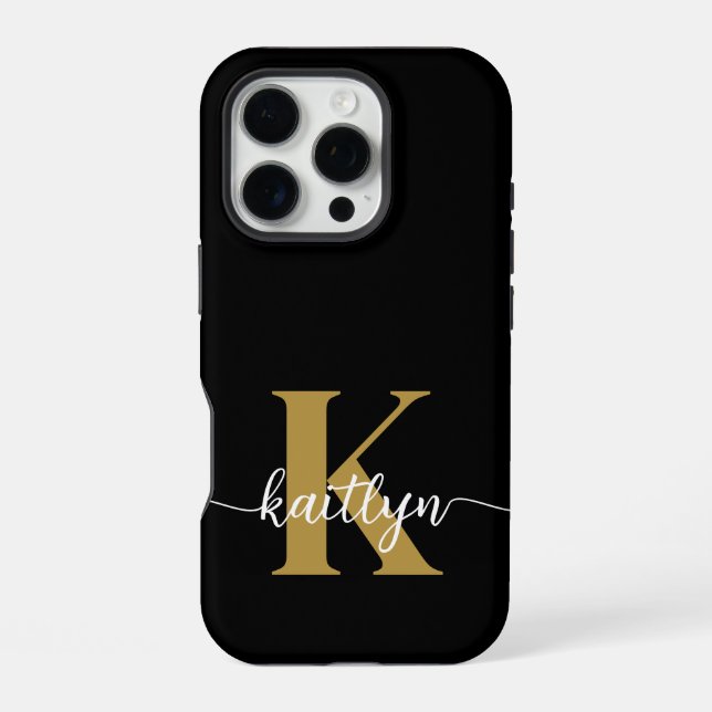 Black Gold Script Monogram iPhone Case (Back)