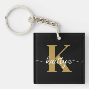 Black Gold Script Monogram Key Ring