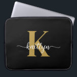 Black Gold Script Monogram Laptop Sleeve<br><div class="desc">This simple,  elegant 15" black laptop sleeve with your first name in a trendy script font in white and your first initial in a modern cap font in gold is perfect for you.  It's stylish and trendy and yet very classic. It's unique - like you!</div>