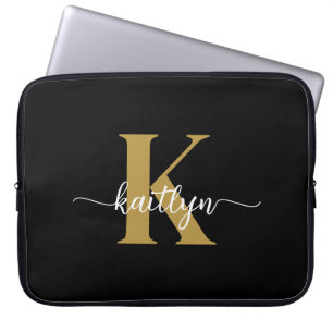 Black Gold Script Monogram Laptop Sleeve