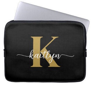 Black Gold Script Monogram Laptop Sleeve