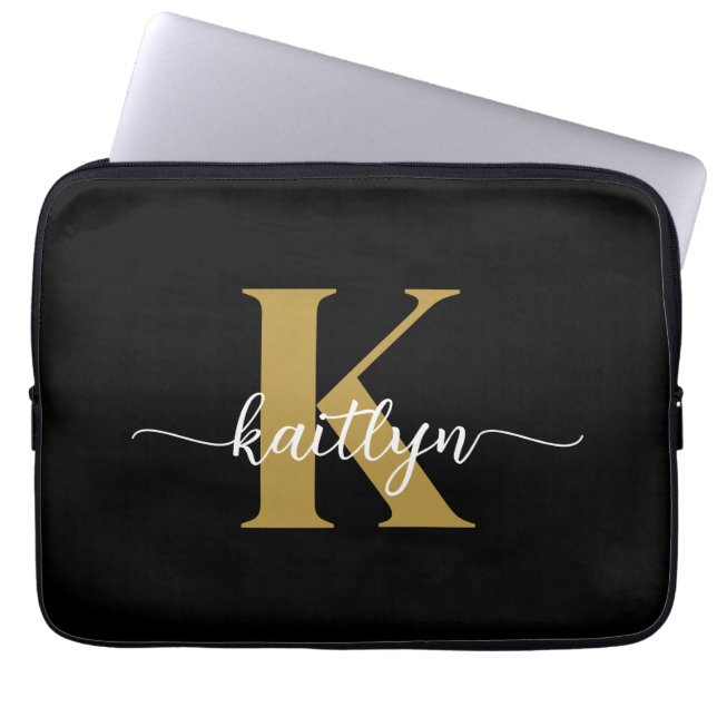 Black Gold Script Monogram Laptop Sleeve (Front)