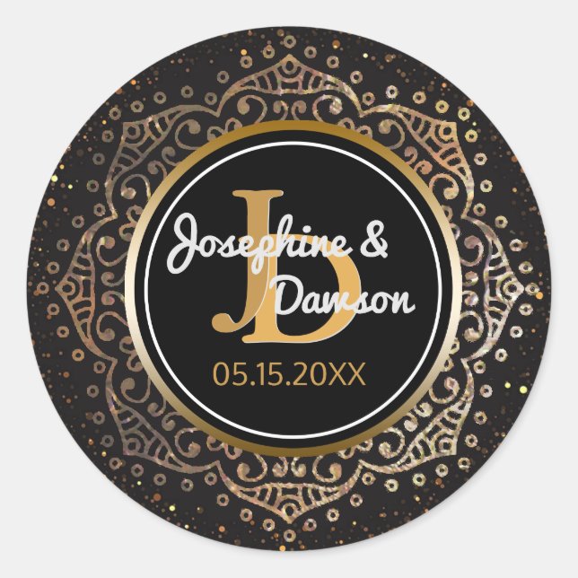 Black Gold Script Monogram | Mandala Wedding Favou Classic Round Sticker (Front)