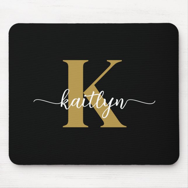 Black Gold Script Monogram Mouse Mat (Front)