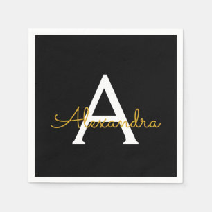 Black Gold Script Monogram Name Modern Napkin