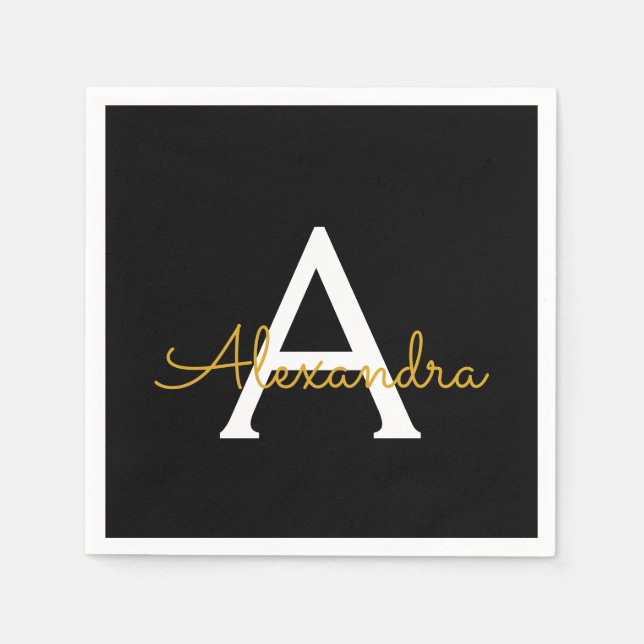 Black Gold Script Monogram Name Modern Napkin (Front)