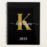 Black Gold Script Monogram Planner<br><div class="desc">This simple, elegant black 8.5 x 11 soft planner with your first name in a trendy script font in white and your first initial in a modern cap font in gold is perfect for you. It's stylish and trendy and yet very classic. It will make keeping appointments, meetings, deadlines, homework...</div>