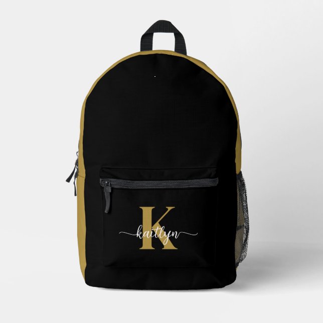 Black Gold Script Monogram Printed Backpack (Front)