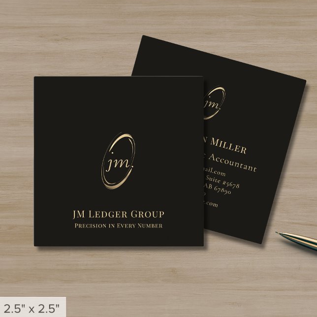 Black Gold Script Monogram Square Business Card (Creator Uploaded)