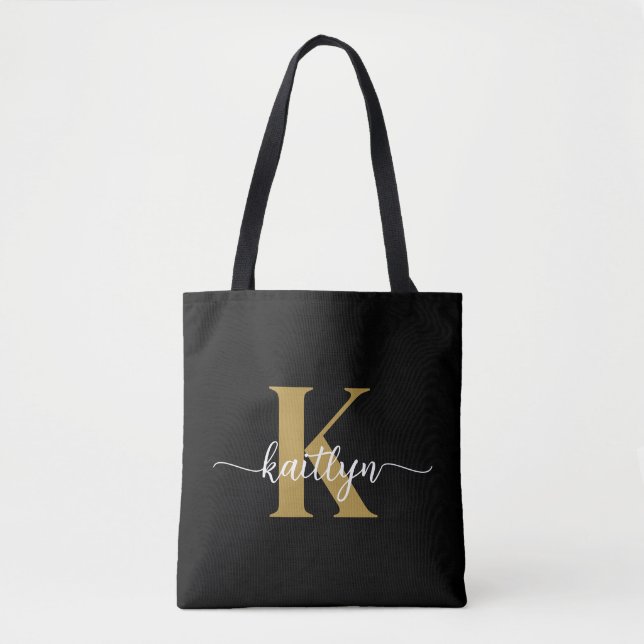 Black Gold Script Monogram Tote Bag (Front)