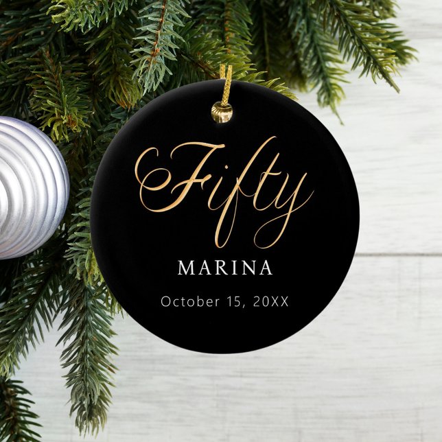 Black gold script name 50th birthday ceramic tree decoration (Creator Uploaded)