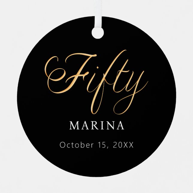 Black gold script name 50th birthday metal tree decoration (Front)
