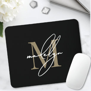 Black Gold Script Name Initial Monogram Mouse Mat