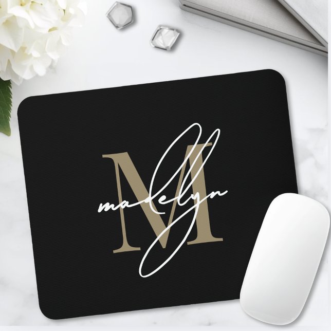 Black Gold Script Name Initial Monogram Mouse Mat (Black Gold Script Name Initial Monogram Mouse Pad )