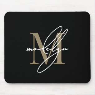 Black Gold Script Name Initial Monogram Mouse Mat