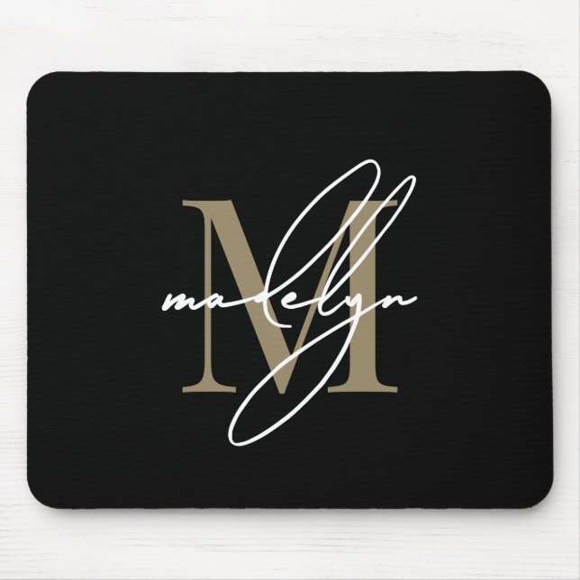 Black Gold Script Name Initial Monogram Mouse Mat (Front)