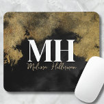 Black Gold Script Name Monogram Mouse Mat<br><div class="desc">Chic Trendy Black and Gold Monogram Mousepad. This sleek mousepad is perfect for both office and school use, adding a touch of sophistication to any workspace. Ideal for businesses like marketing, consulting, or a personalised home office, it features a black background with faux gold watercolor or marble-inspired accents. The bold...</div>