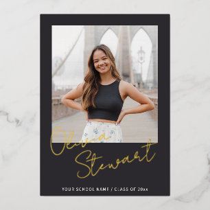 Black Gold Script Photo Senior Name Graduation Foil Holiday Card