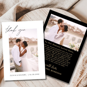 Black Gold Script Photo Wedding Thank You Card