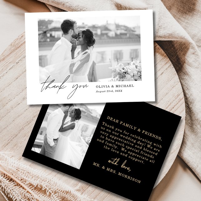 Black Gold Script Photo Wedding Thank You Card (Creator Uploaded)