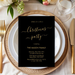 Black Gold Script Simple Holiday Christmas Party Invitation