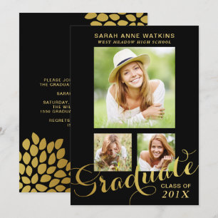 Black Gold Script Three Photo Graduation Invitation
