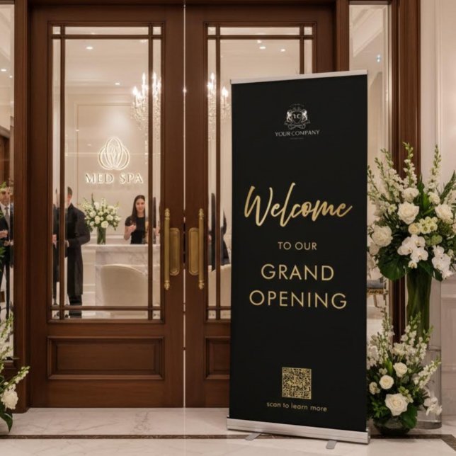 Black Gold Script Welcome Grand Opening Logo QR  Retractable Banner (Creator Uploaded)