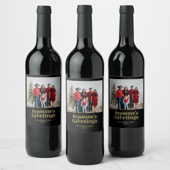 Black & Gold Season's Greetings Christmas Photo Wine Label (Bottles)