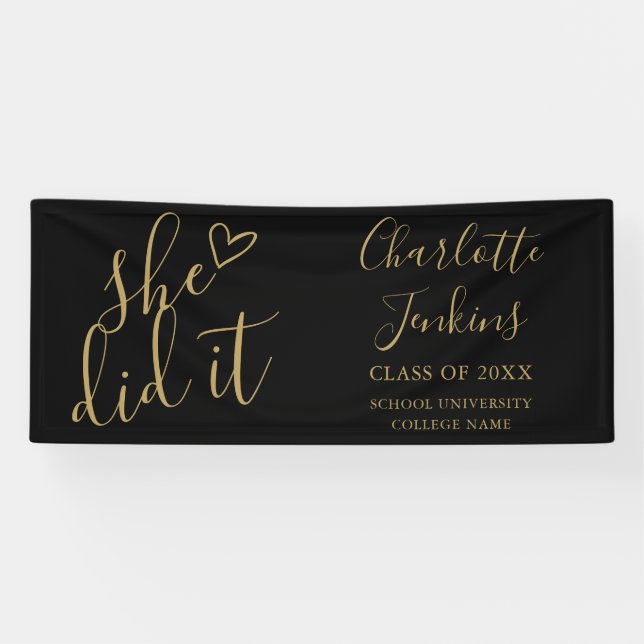 Black Gold She Did It Script Graduation Party Banner (Horizontal)