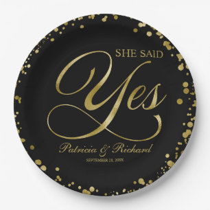Black Gold She Said Yes Engagement Party Paper Plate