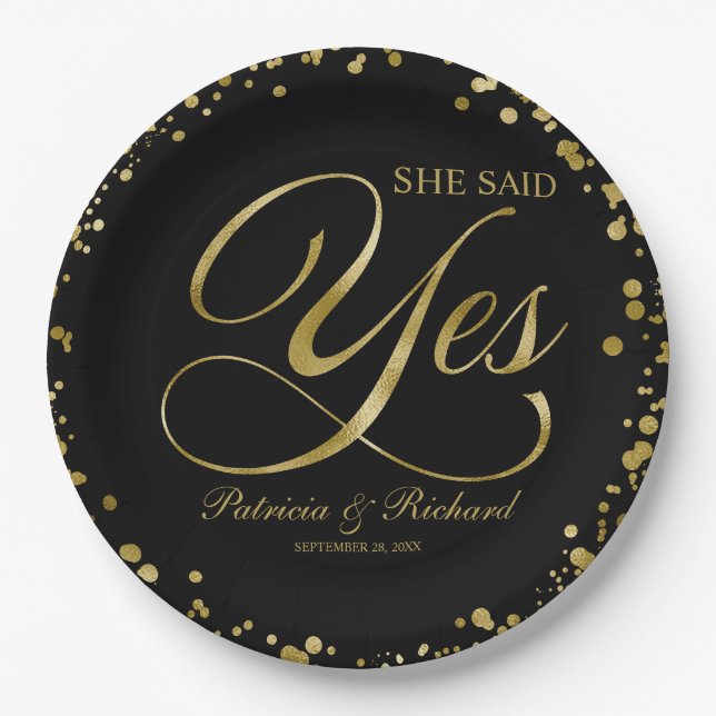 Black Gold She Said Yes Engagement Party Paper Plate (Front)